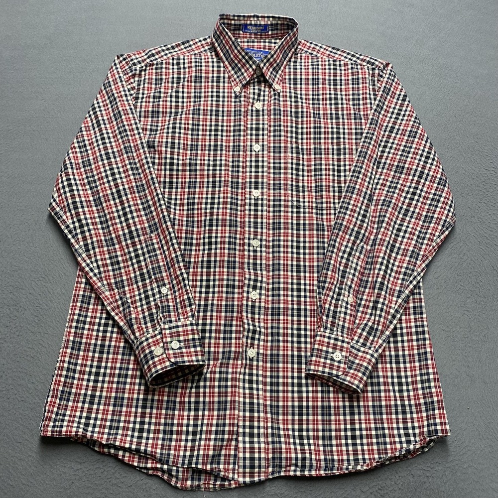 Pendleton Shirt Mens Medium Red Blue Plaid Metro Wrinkle Resistant Button Down